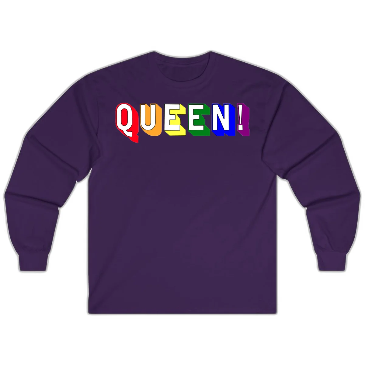 Colorful rainbow typography spelling QUEEN! with each letter in red, orange, yellow, green, blue, and purple on gray background in Purple