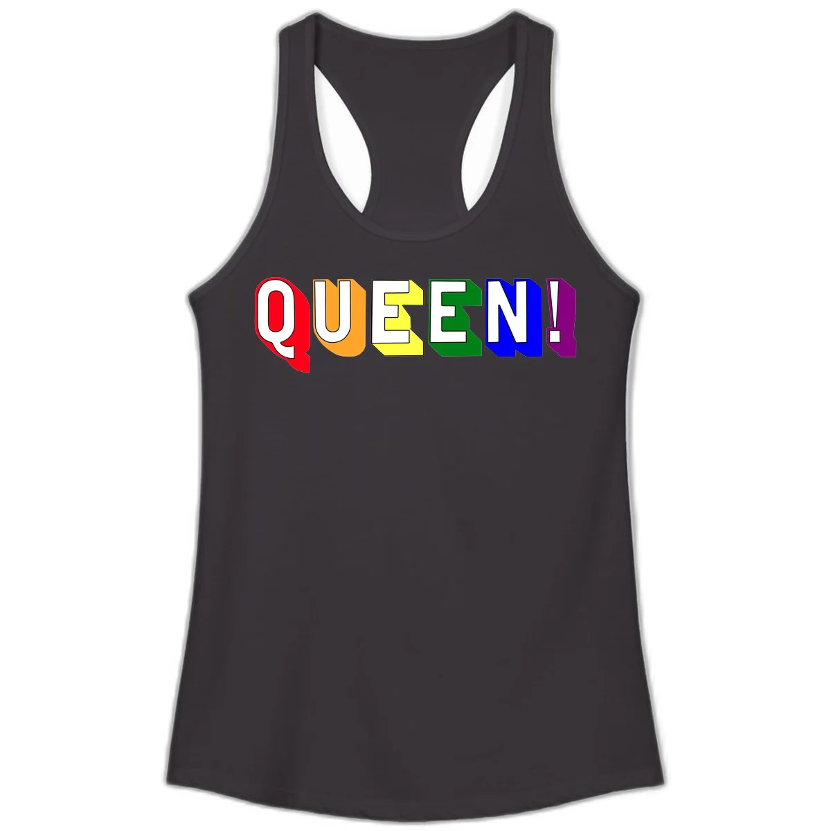 Colorful rainbow typography spelling QUEEN! with each letter in red, orange, yellow, green, blue, and purple on gray background in Black
