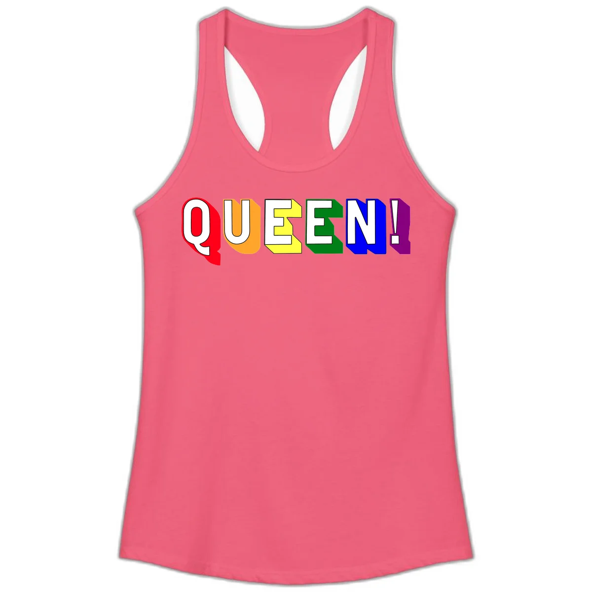 Colorful rainbow typography spelling QUEEN! with each letter in red, orange, yellow, green, blue, and purple on gray background in Hot Pink
