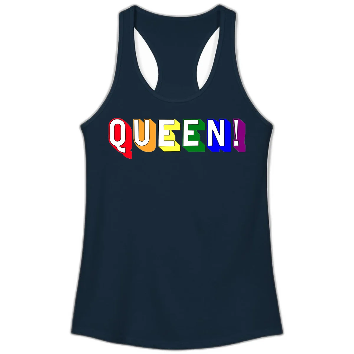 Colorful rainbow typography spelling QUEEN! with each letter in red, orange, yellow, green, blue, and purple on gray background in Solid Midnight Navy