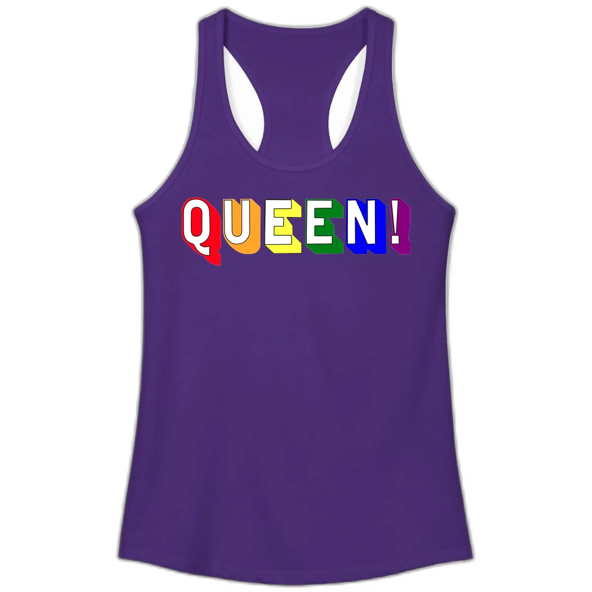 Colorful rainbow typography spelling QUEEN! with each letter in red, orange, yellow, green, blue, and purple on gray background in Solid Purple Rush