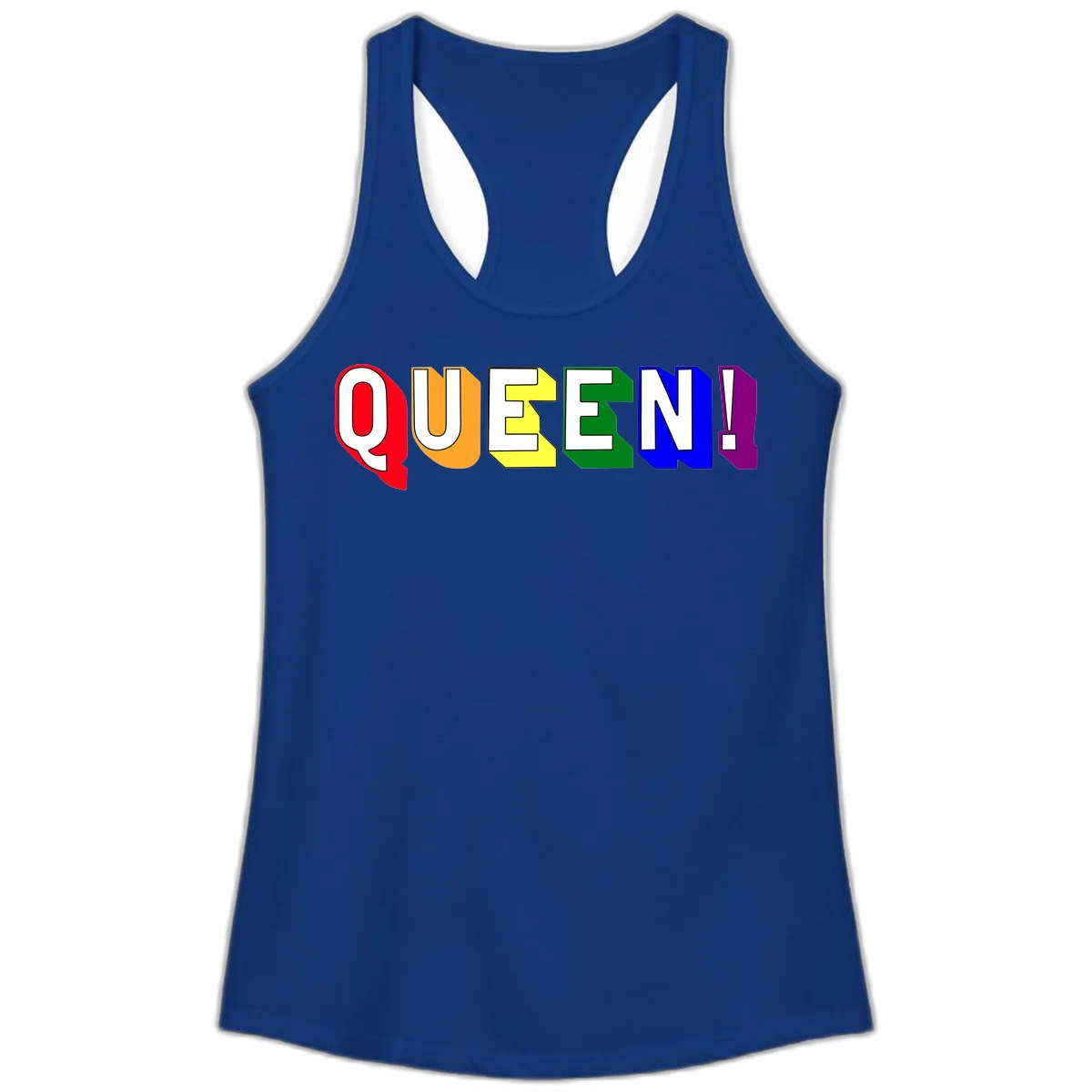 Colorful rainbow typography spelling QUEEN! with each letter in red, orange, yellow, green, blue, and purple on gray background in Solid Royal