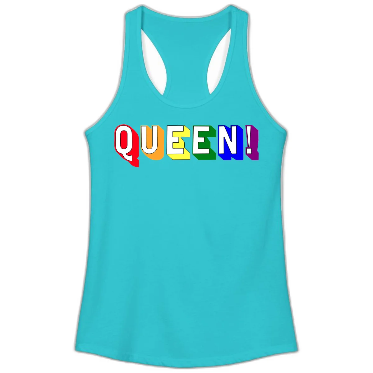 Colorful rainbow typography spelling QUEEN! with each letter in red, orange, yellow, green, blue, and purple on gray background in Solid Tahiti Blue