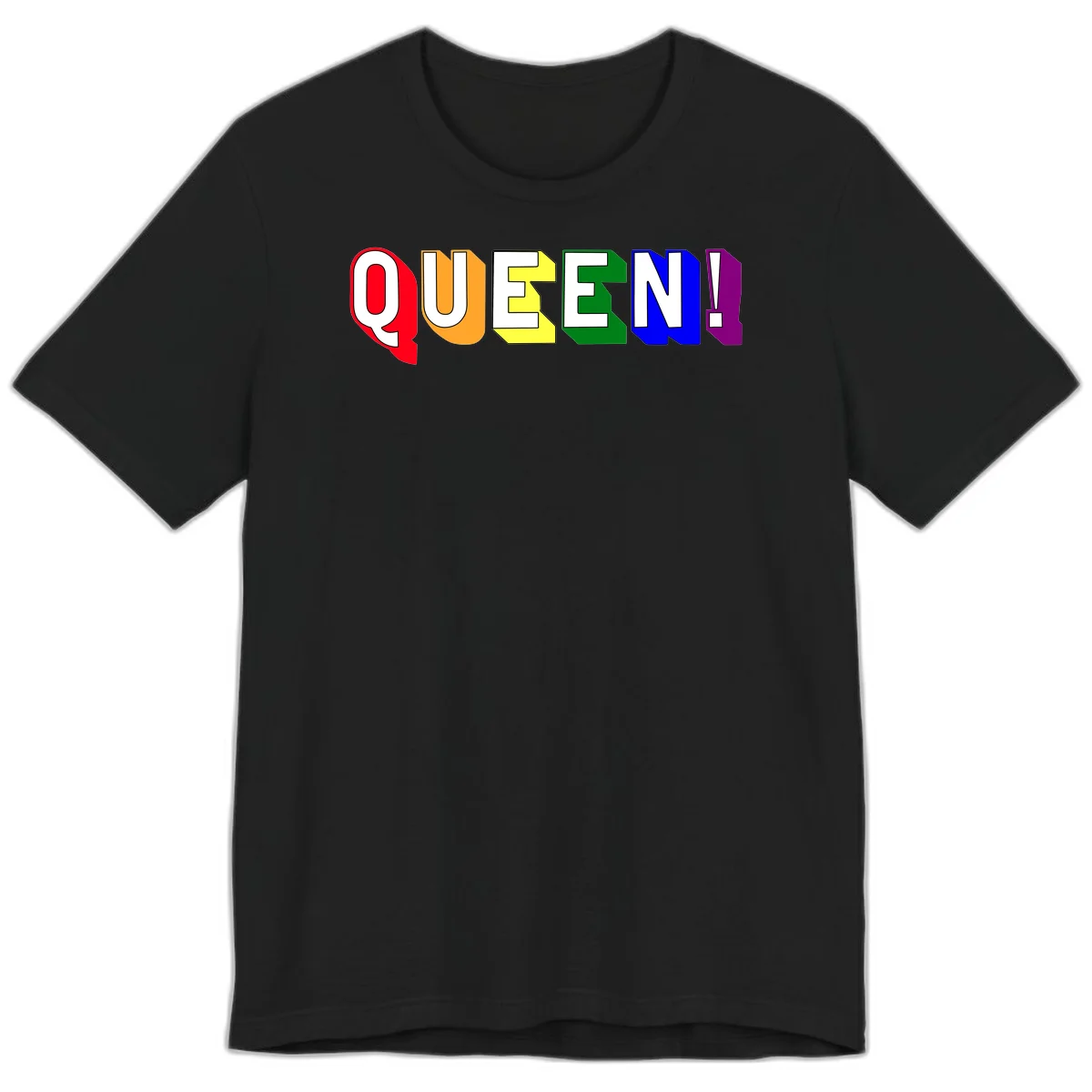 Colorful rainbow typography spelling QUEEN! with each letter in red, orange, yellow, green, blue, and purple on gray background in Black