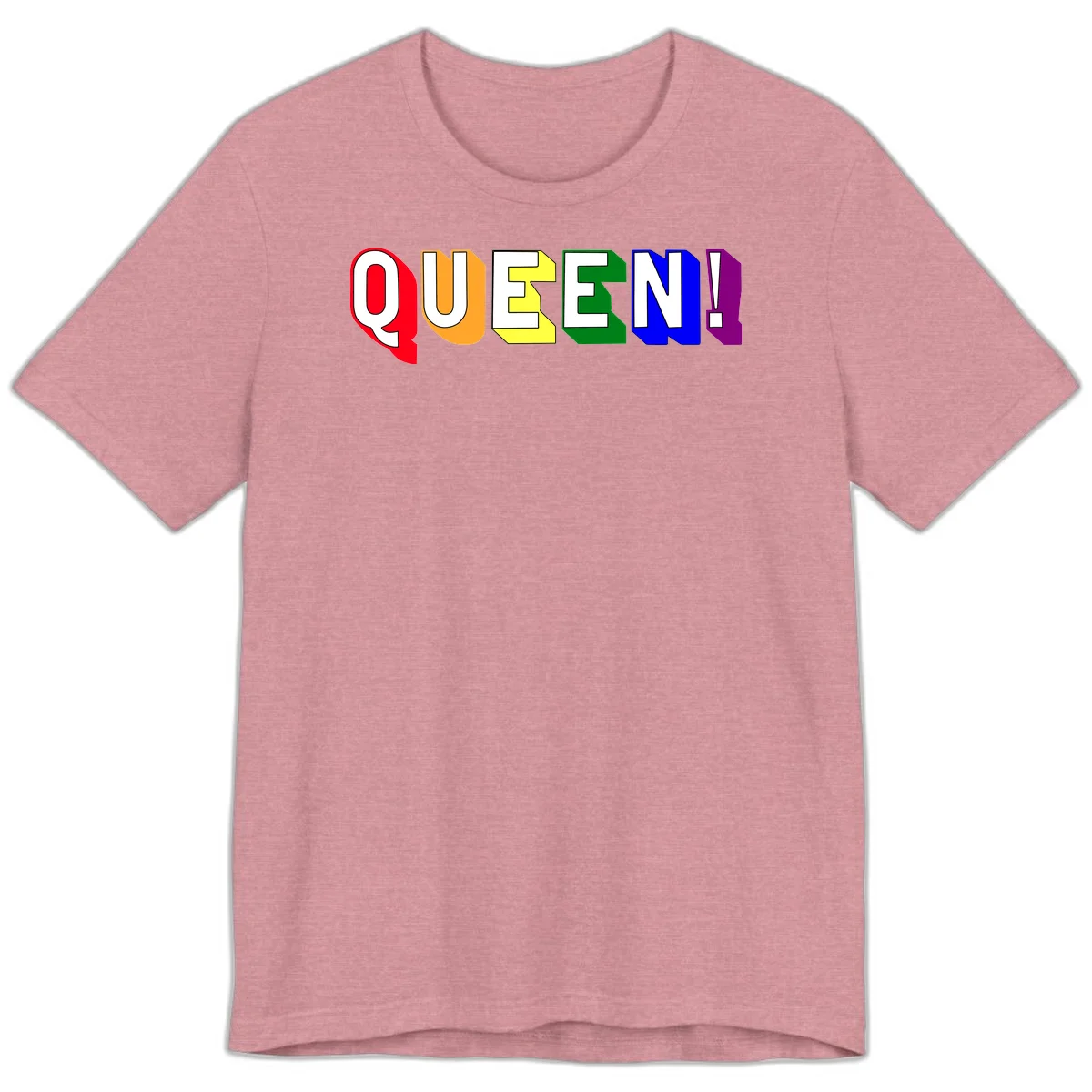 Colorful rainbow typography spelling QUEEN! with each letter in red, orange, yellow, green, blue, and purple on gray background in Heather Orchid