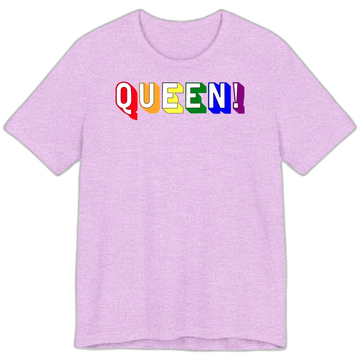 Colorful rainbow typography spelling QUEEN! with each letter in red, orange, yellow, green, blue, and purple on gray background in Heather Prism Lilac
