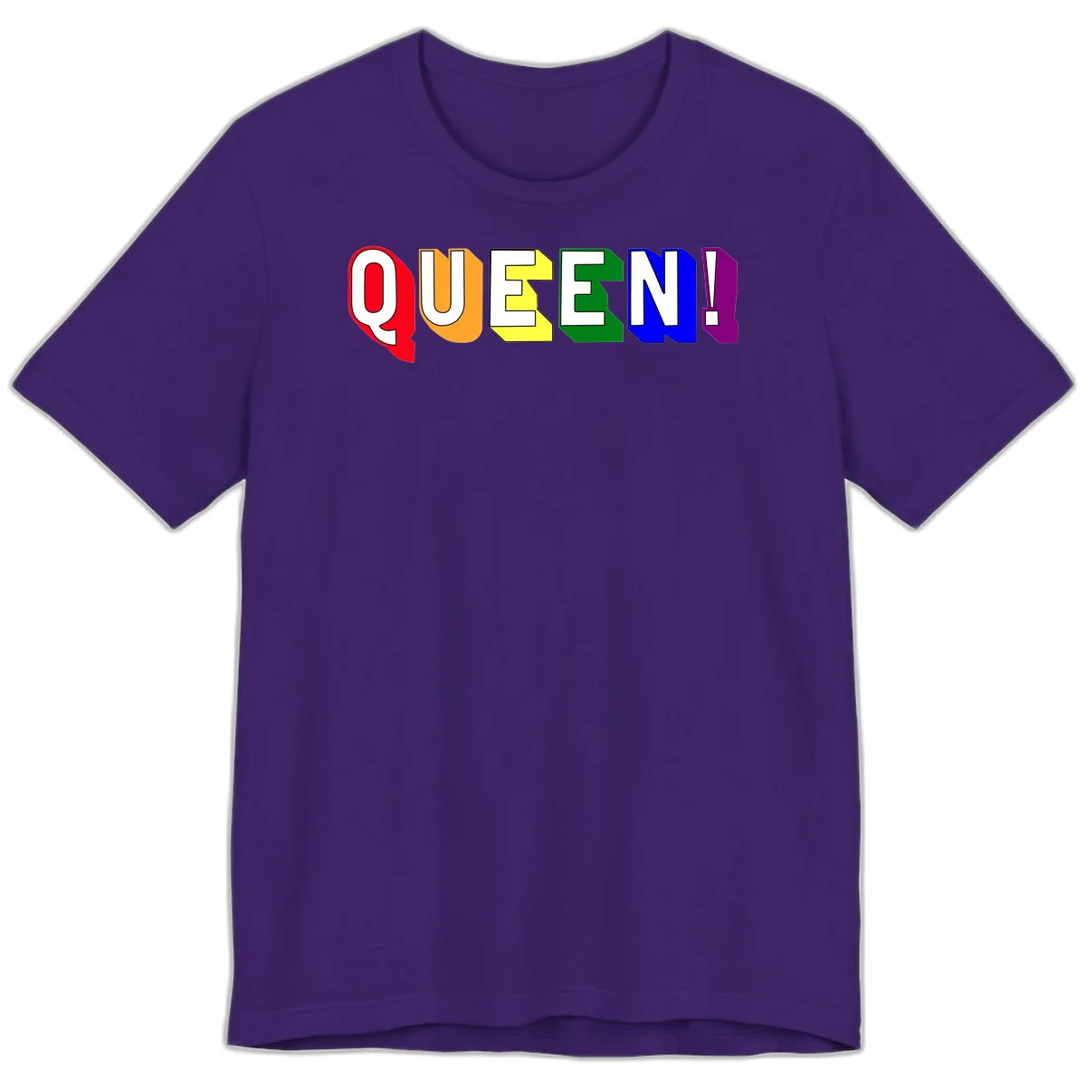 Colorful rainbow typography spelling QUEEN! with each letter in red, orange, yellow, green, blue, and purple on gray background in Team Purple