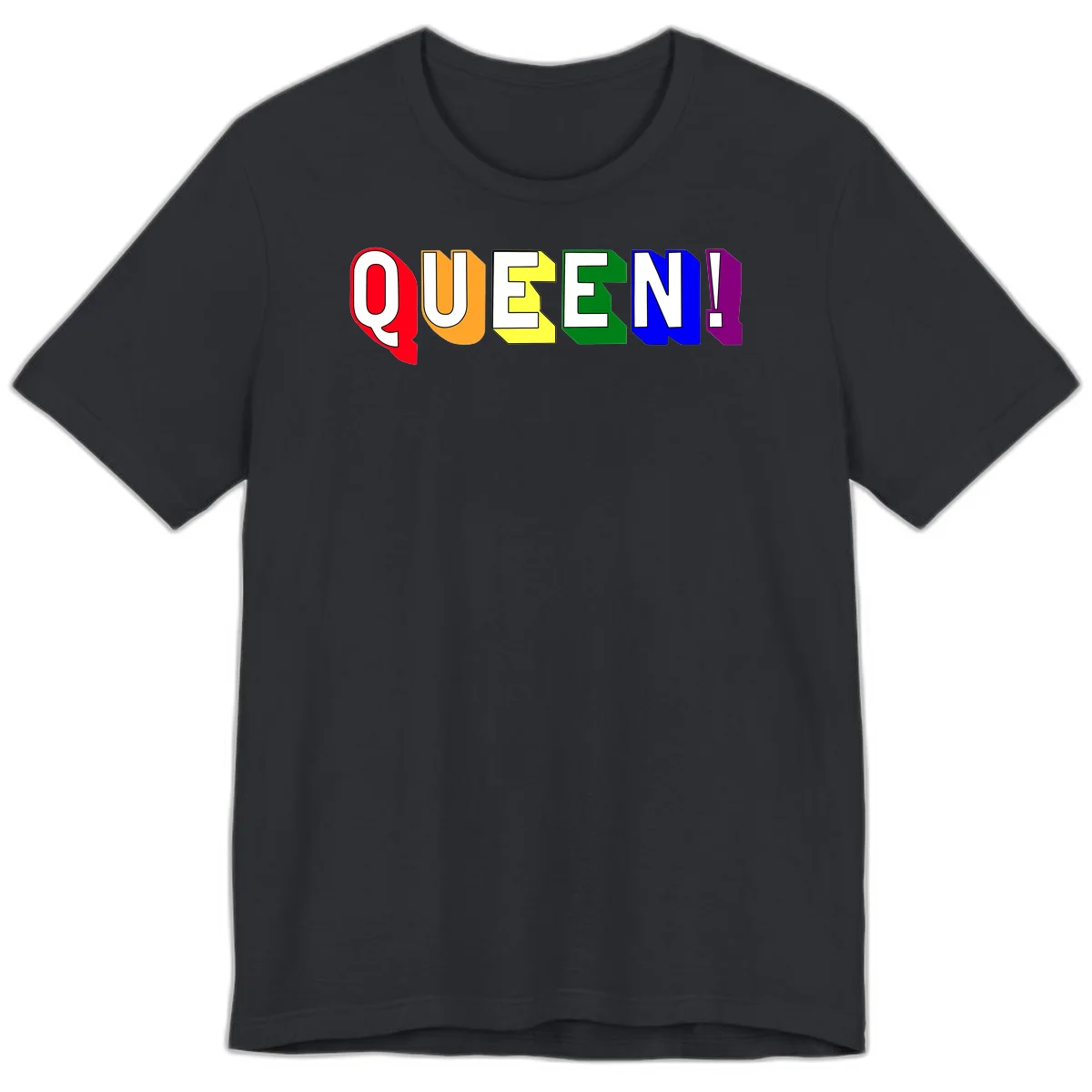 Colorful rainbow typography spelling QUEEN! with each letter in red, orange, yellow, green, blue, and purple on gray background in Vintage Black