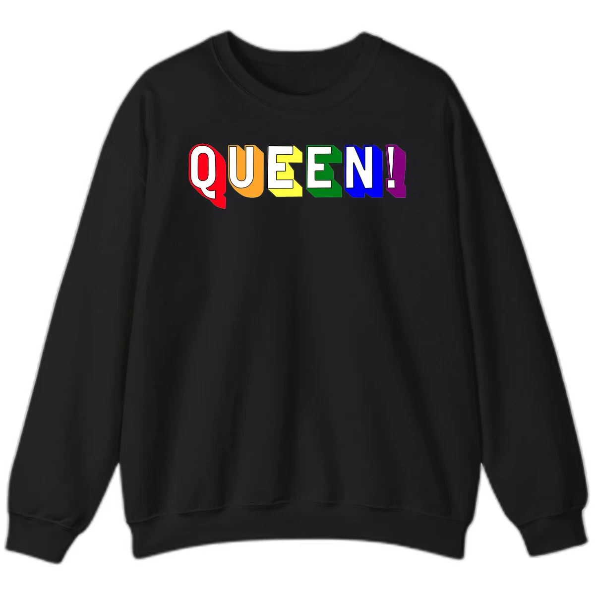 Colorful rainbow typography spelling QUEEN! with each letter in red, orange, yellow, green, blue, and purple on gray background in Black