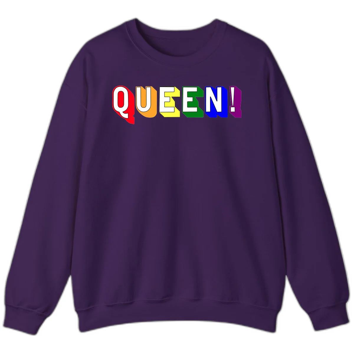 Colorful rainbow typography spelling QUEEN! with each letter in red, orange, yellow, green, blue, and purple on gray background in Purple
