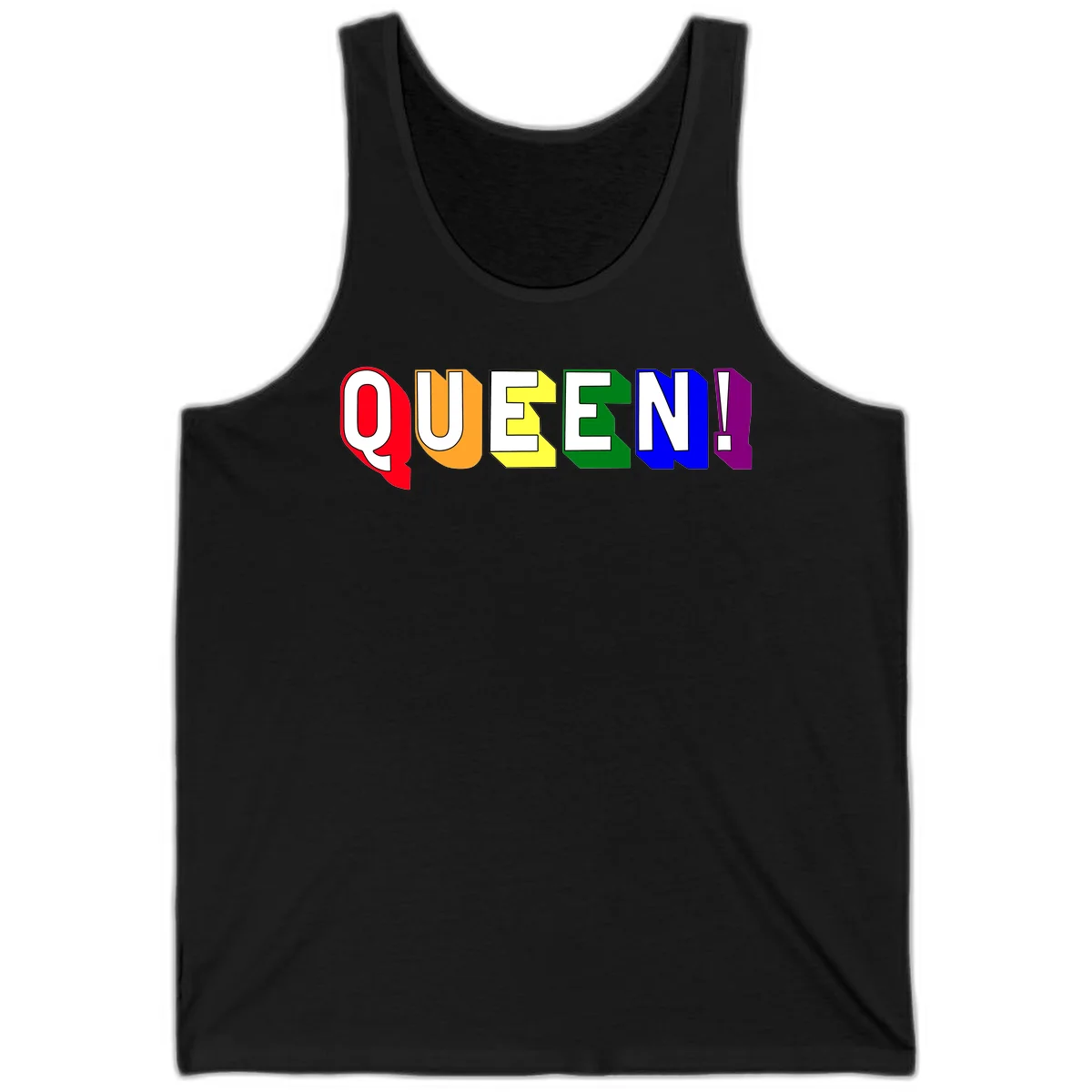 Colorful rainbow typography spelling QUEEN! with each letter in red, orange, yellow, green, blue, and purple on gray background in Black