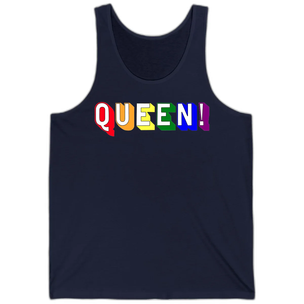 Colorful rainbow typography spelling QUEEN! with each letter in red, orange, yellow, green, blue, and purple on gray background in Navy