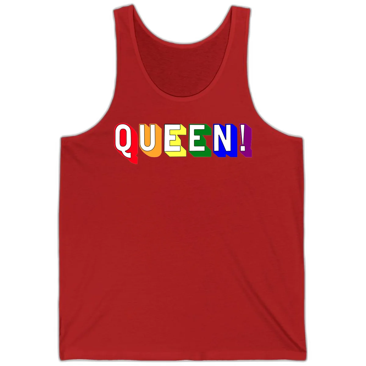 Colorful rainbow typography spelling QUEEN! with each letter in red, orange, yellow, green, blue, and purple on gray background in Red