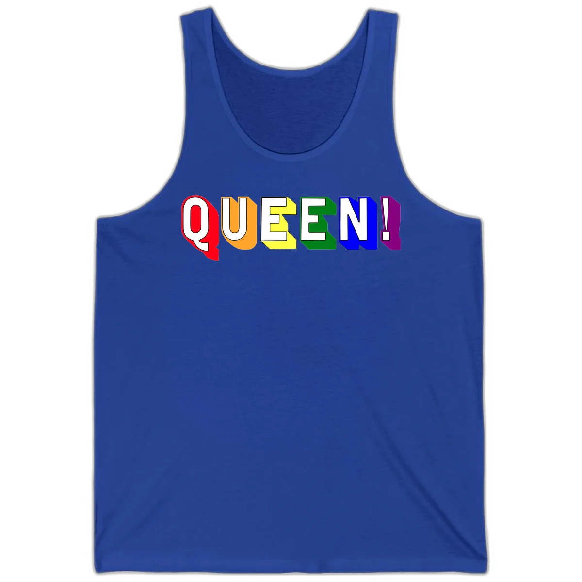 Colorful rainbow typography spelling QUEEN! with each letter in red, orange, yellow, green, blue, and purple on gray background in True Royal