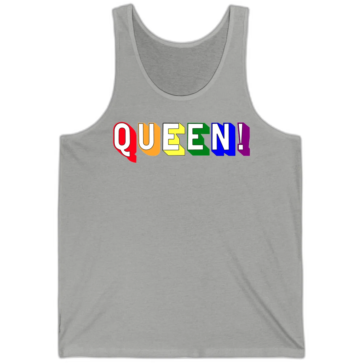 Colorful rainbow typography spelling QUEEN! with each letter in red, orange, yellow, green, blue, and purple on gray background in Athletic Heather