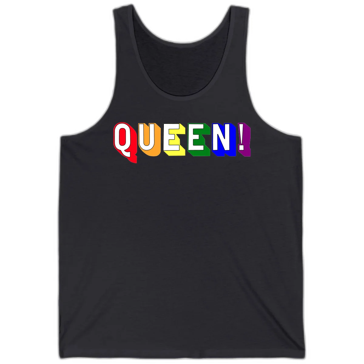 Colorful rainbow typography spelling QUEEN! with each letter in red, orange, yellow, green, blue, and purple on gray background in Dark Grey