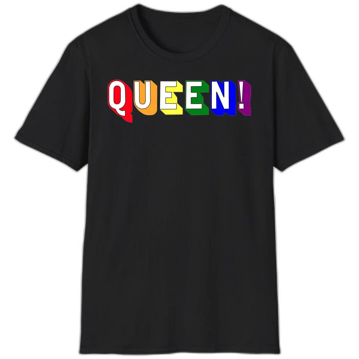 Colorful rainbow typography spelling QUEEN! with each letter in red, orange, yellow, green, blue, and purple on gray background in Black