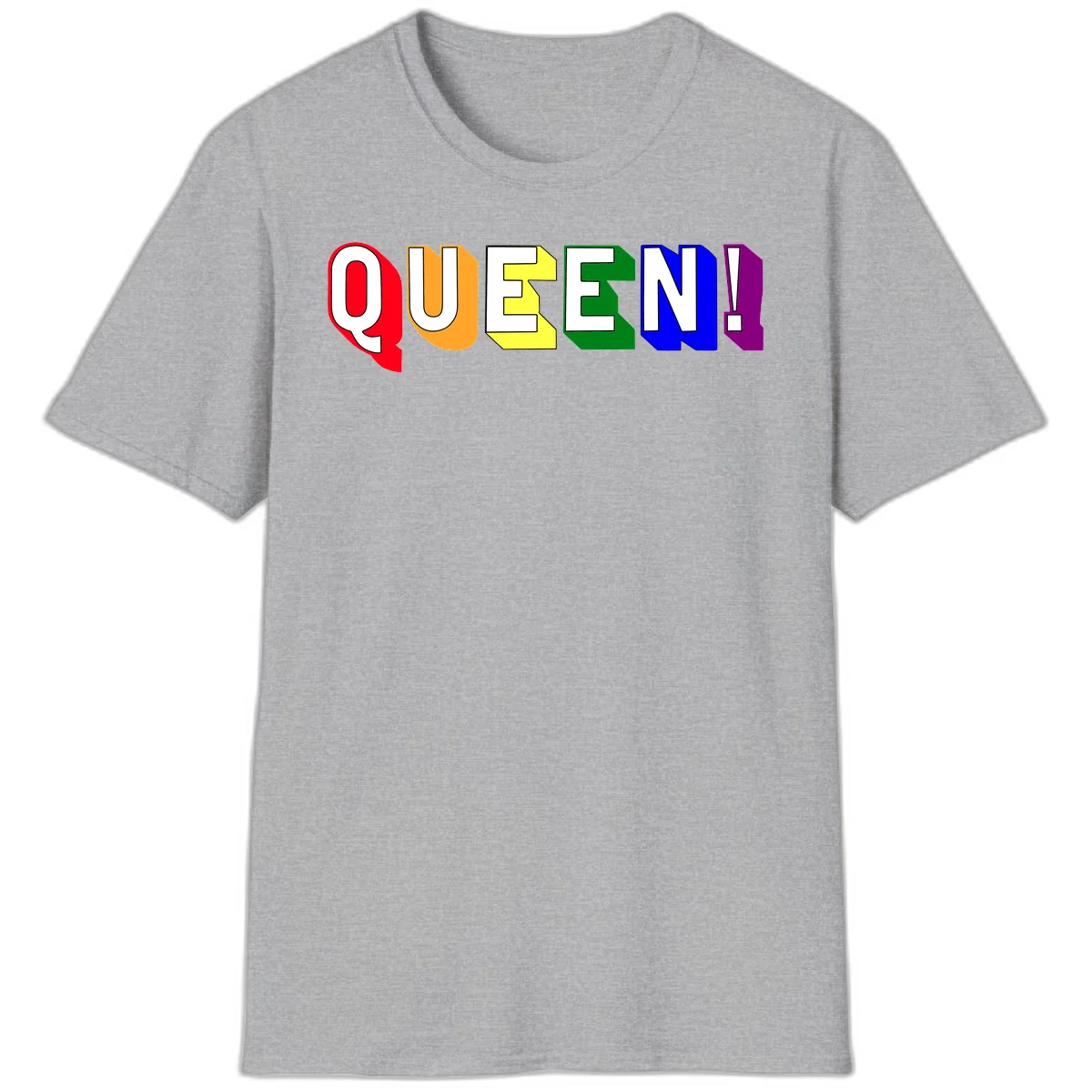 Colorful rainbow typography spelling QUEEN! with each letter in red, orange, yellow, green, blue, and purple on gray background in Sport Grey