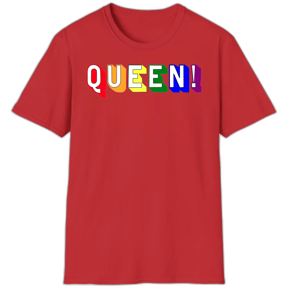 Colorful rainbow typography spelling QUEEN! with each letter in red, orange, yellow, green, blue, and purple on gray background in Red
