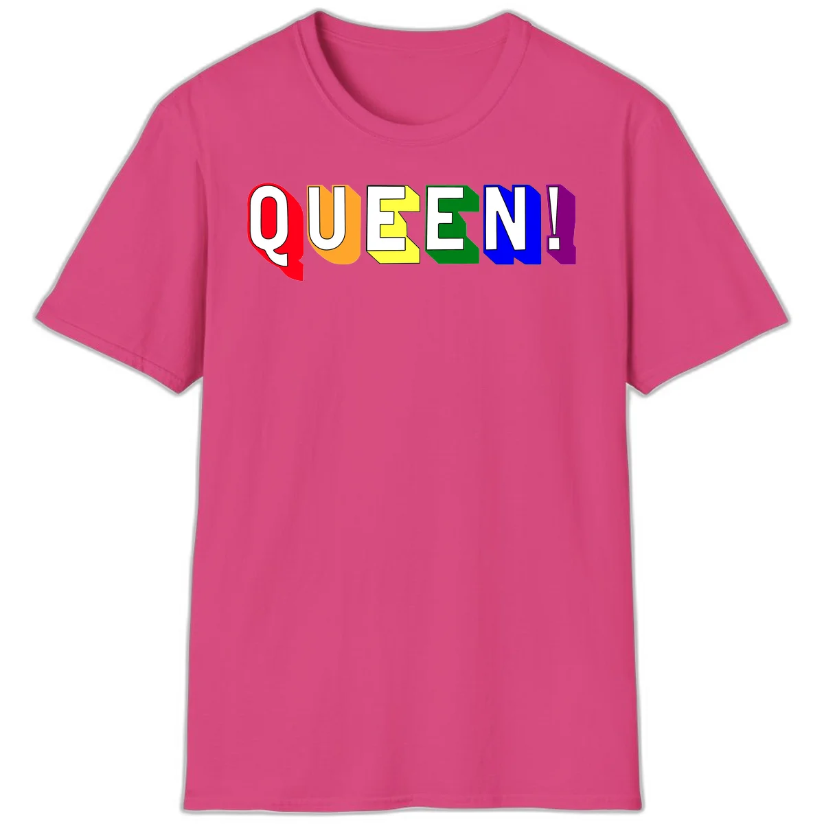 Colorful rainbow typography spelling QUEEN! with each letter in red, orange, yellow, green, blue, and purple on gray background in Heliconia