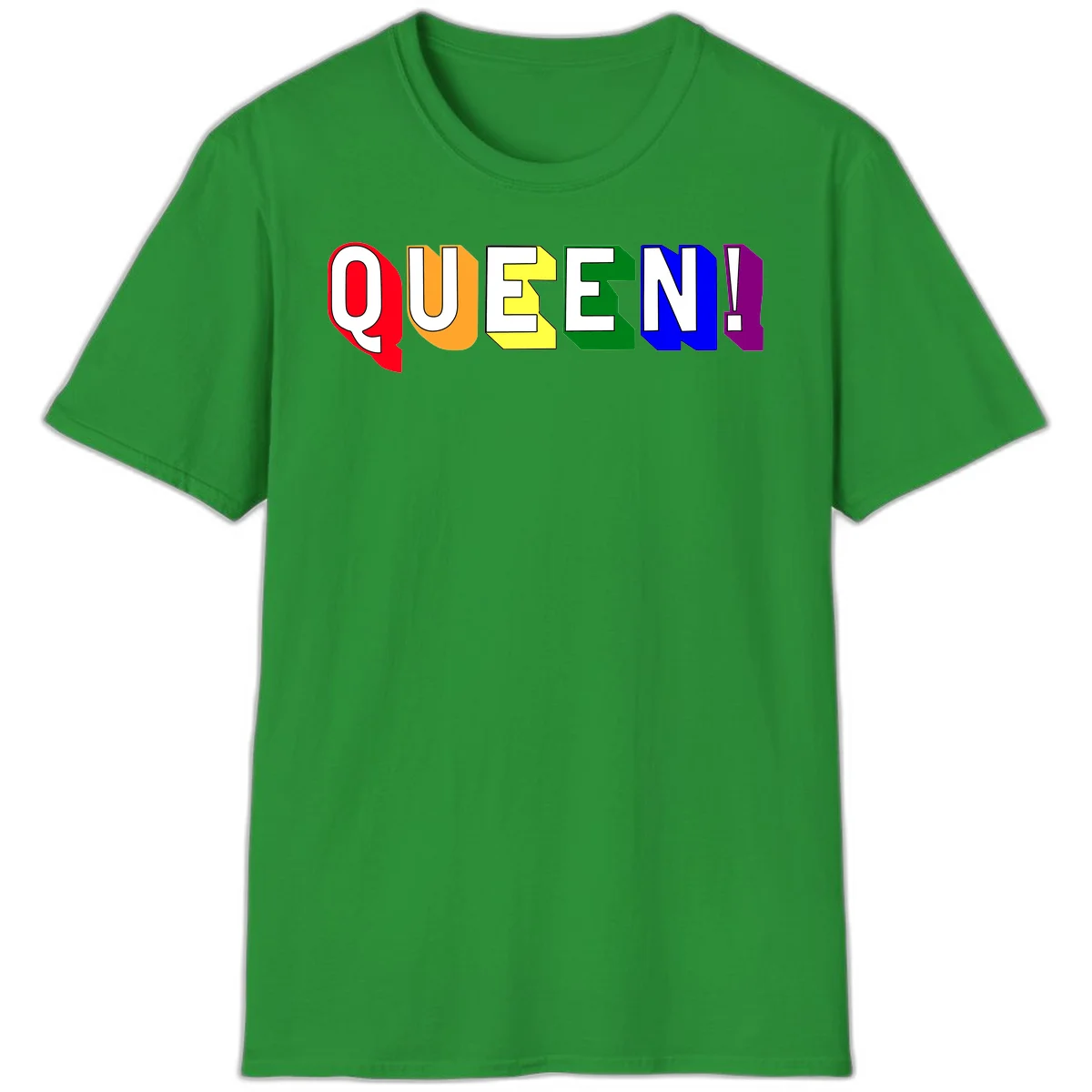 Colorful rainbow typography spelling QUEEN! with each letter in red, orange, yellow, green, blue, and purple on gray background in Irish Green