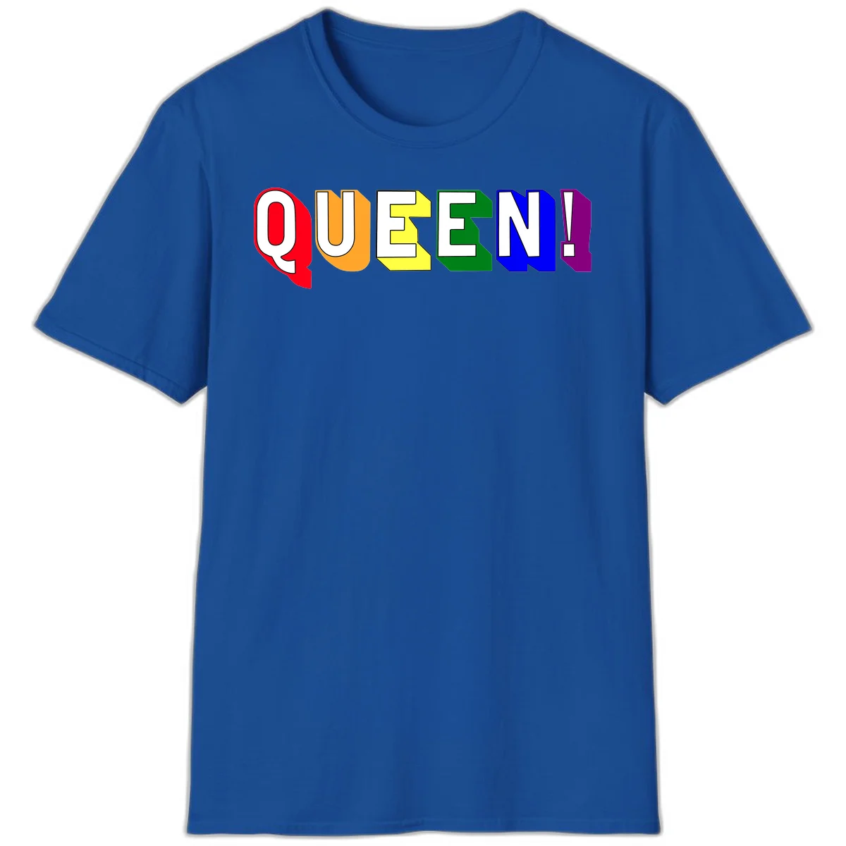 Colorful rainbow typography spelling QUEEN! with each letter in red, orange, yellow, green, blue, and purple on gray background in Royal