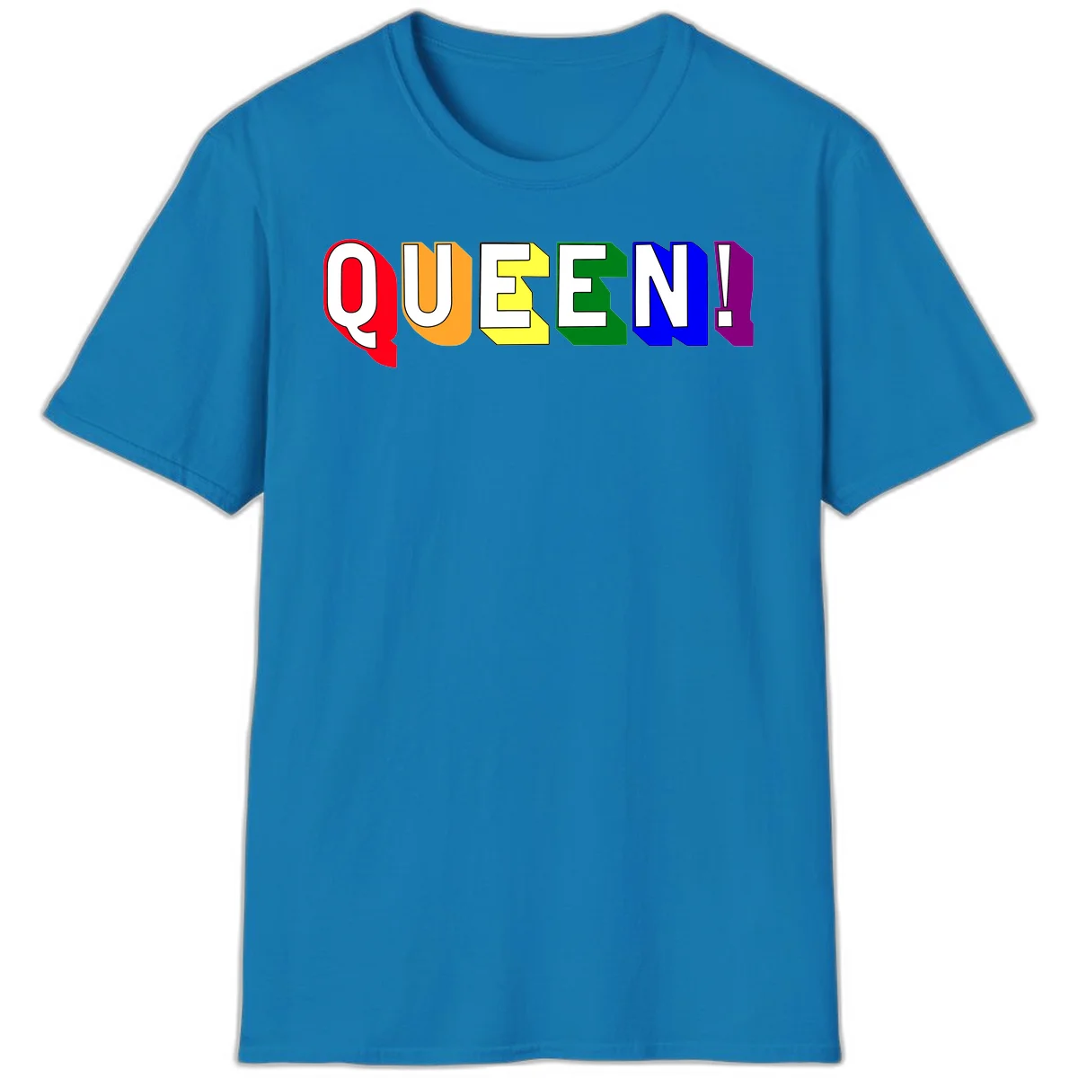 Colorful rainbow typography spelling QUEEN! with each letter in red, orange, yellow, green, blue, and purple on gray background in Sapphire