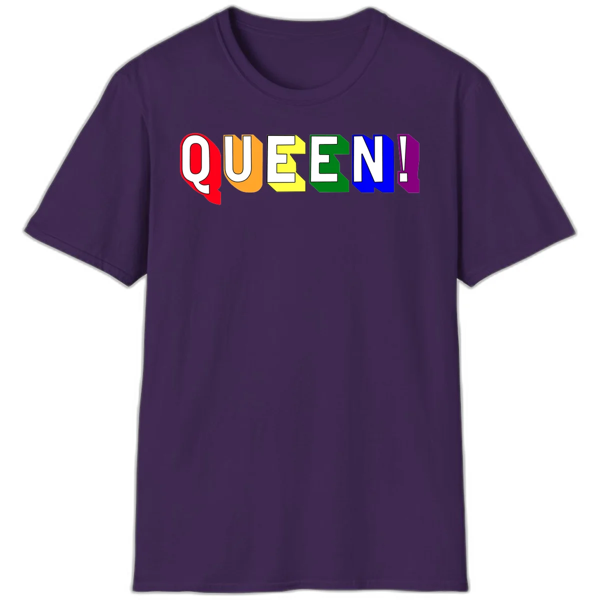 Colorful rainbow typography spelling QUEEN! with each letter in red, orange, yellow, green, blue, and purple on gray background in Purple