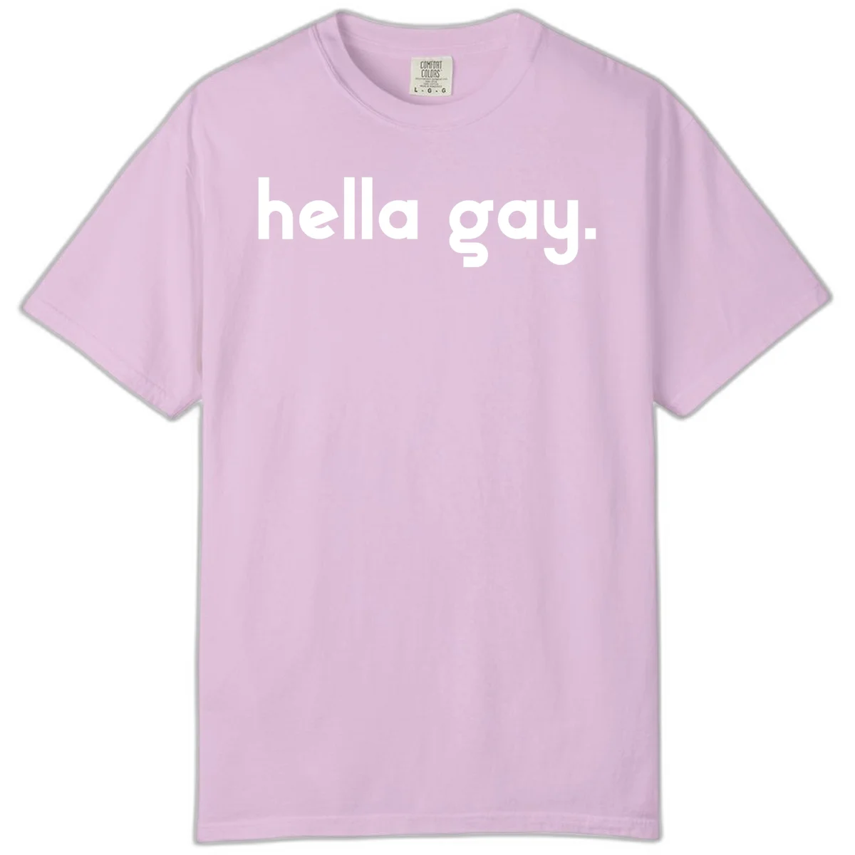 Minimalist hella gay pride design with bold white text on gray background in Orchid