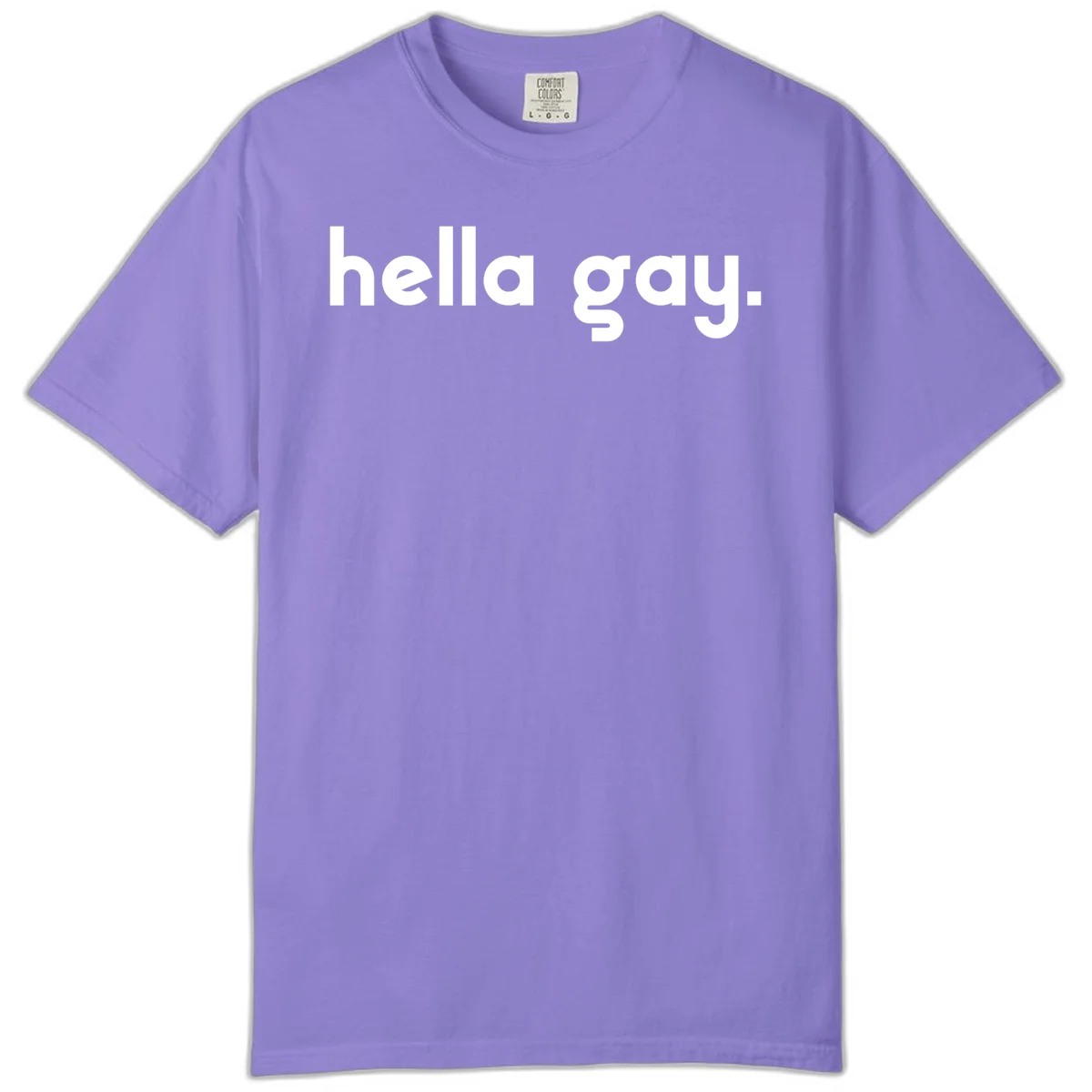 Minimalist hella gay pride design with bold white text on gray background in Violet