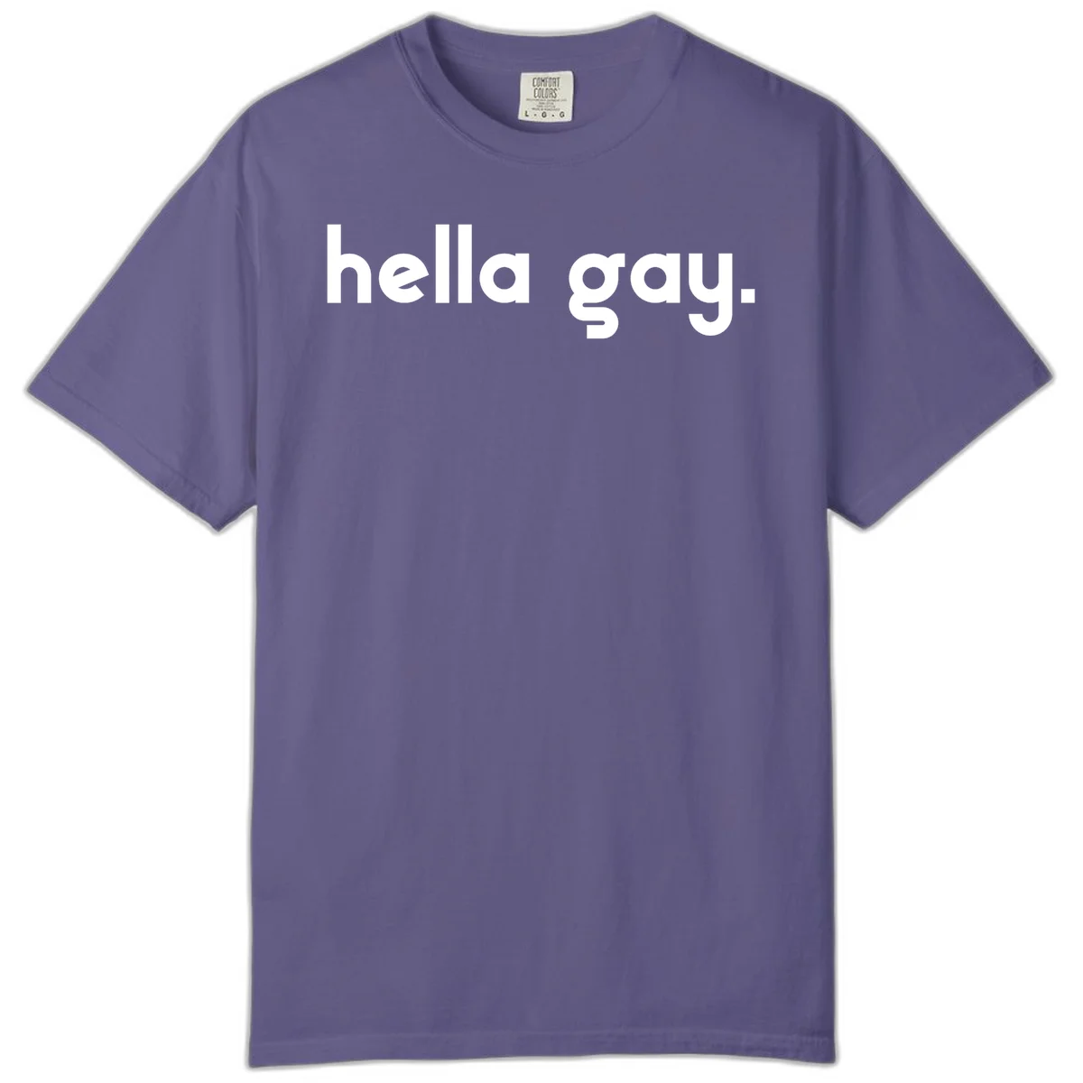 Minimalist hella gay pride design with bold white text on gray background in Grape