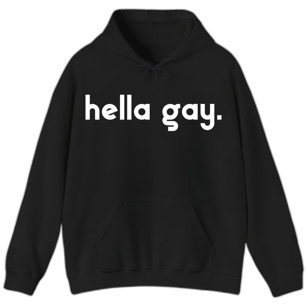Minimalist hella gay pride design with bold white text on gray background in Black