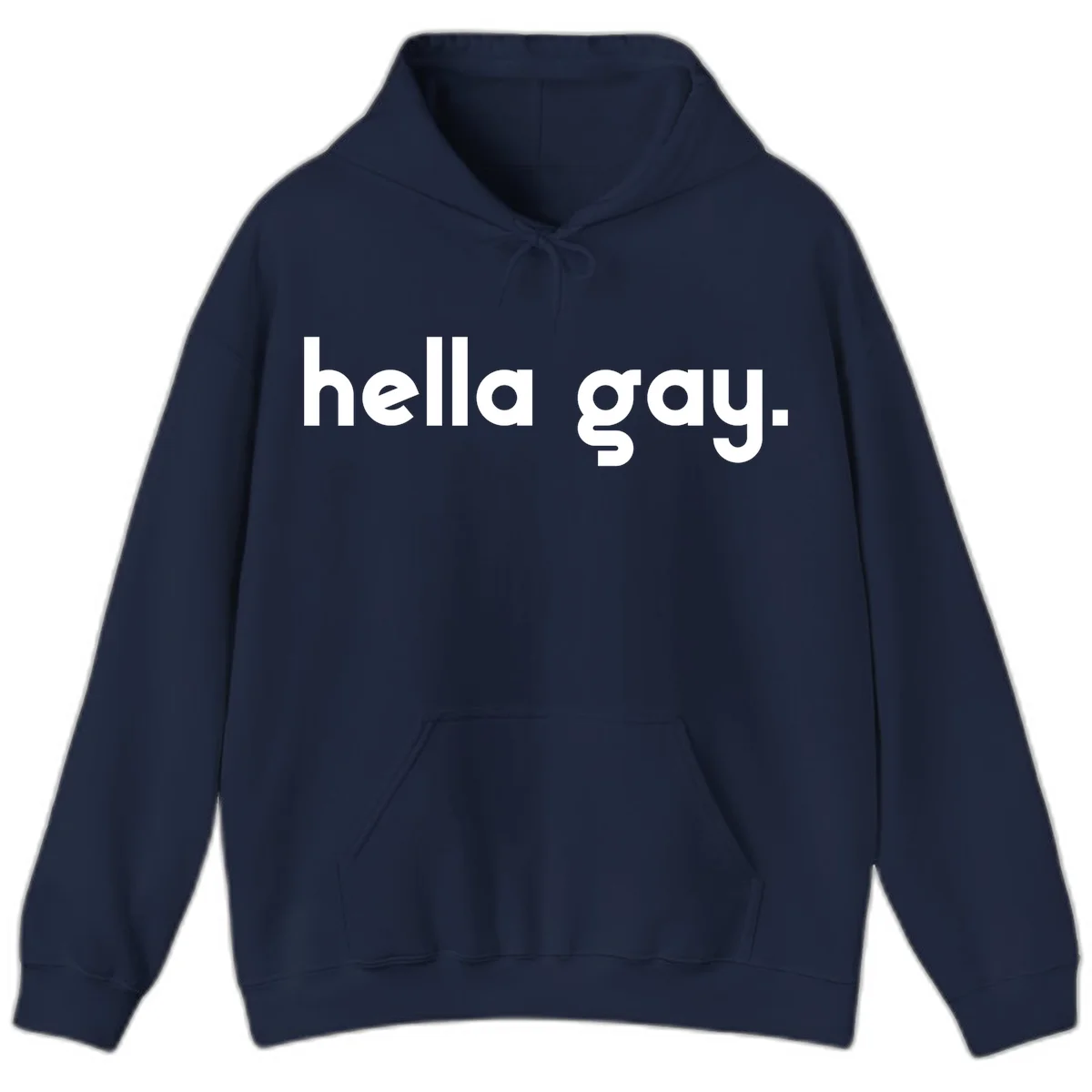 Minimalist hella gay pride design with bold white text on gray background in Navy