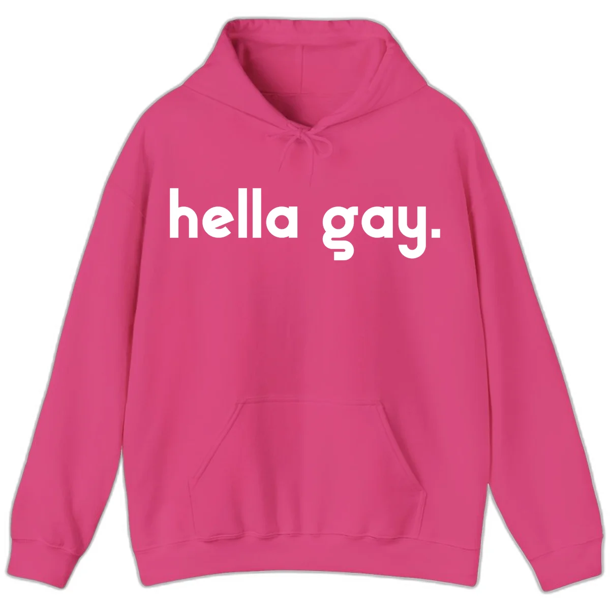 Minimalist hella gay pride design with bold white text on gray background in Heliconia