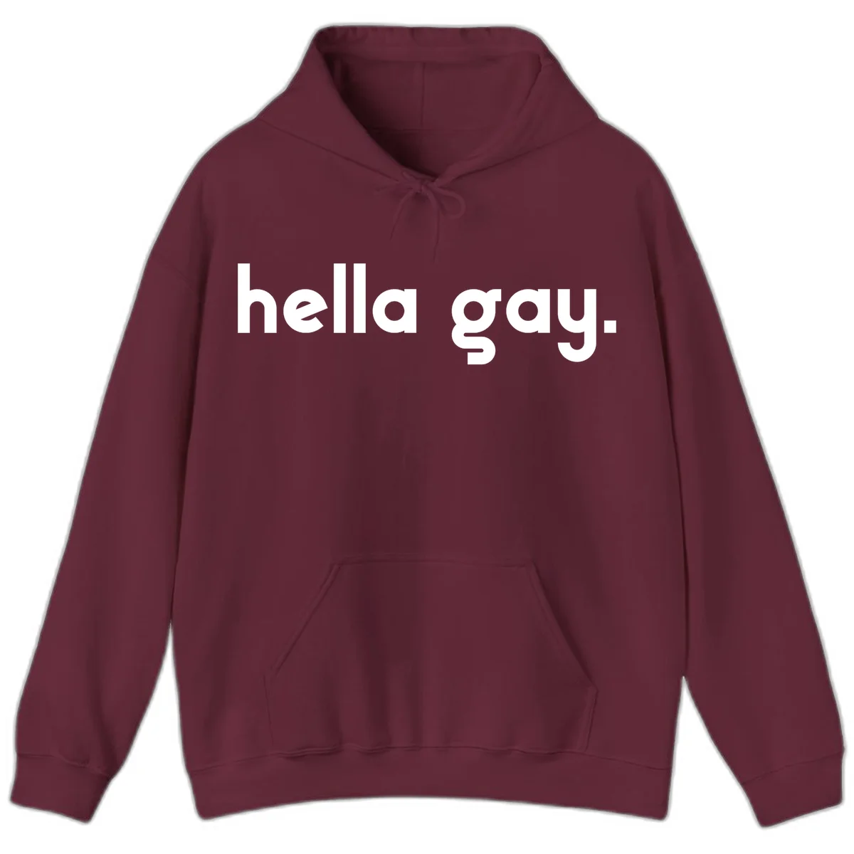 Minimalist hella gay pride design with bold white text on gray background in Maroon