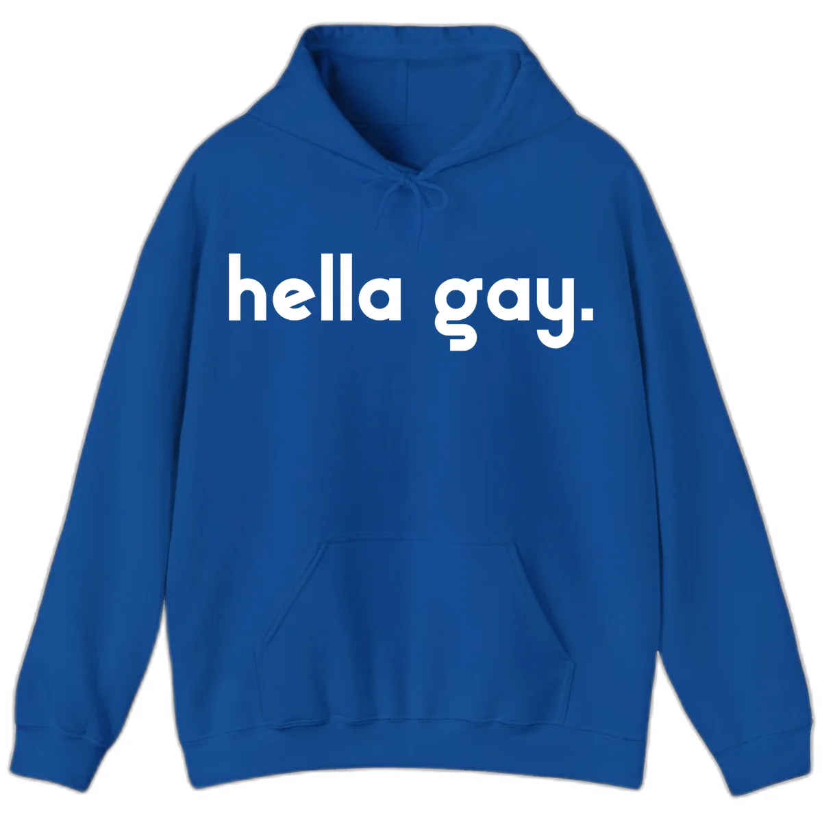 Minimalist hella gay pride design with bold white text on gray background in Royal