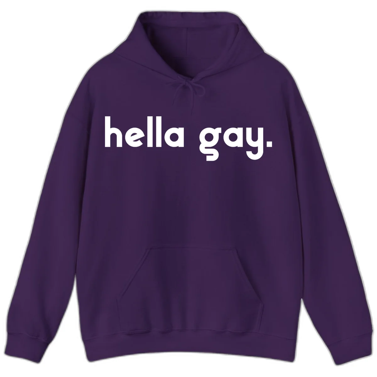 Minimalist hella gay pride design with bold white text on gray background in Purple