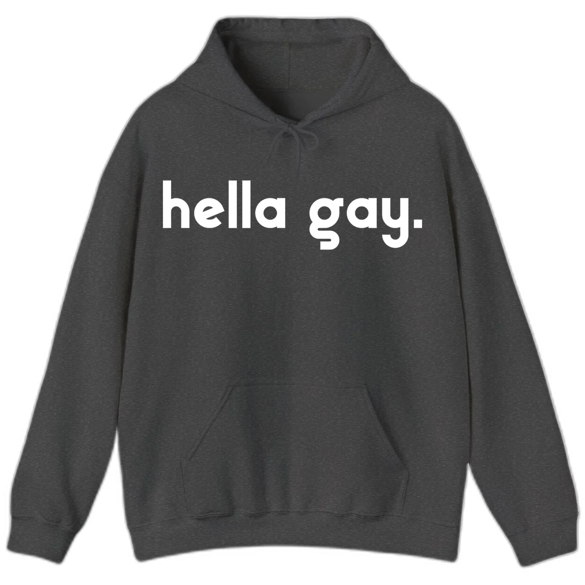 Minimalist hella gay pride design with bold white text on gray background in Dark Heather