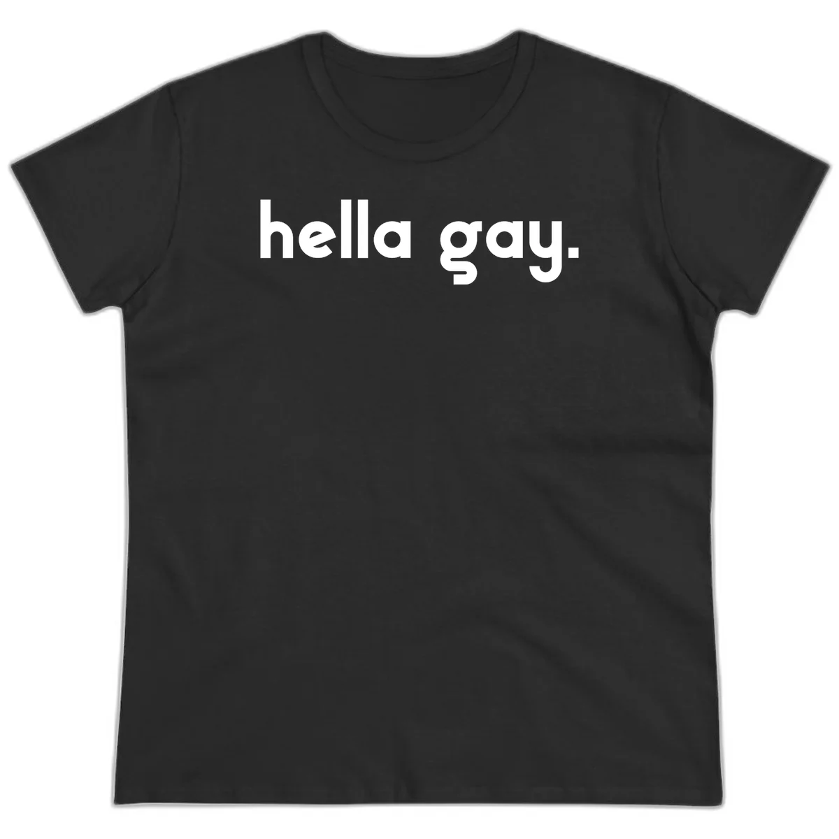 Minimalist hella gay pride design with bold white text on gray background in Black