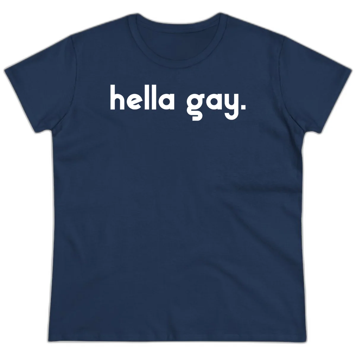 Minimalist hella gay pride design with bold white text on gray background in Navy