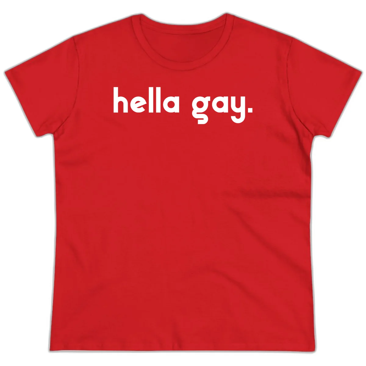 Minimalist hella gay pride design with bold white text on gray background in Red