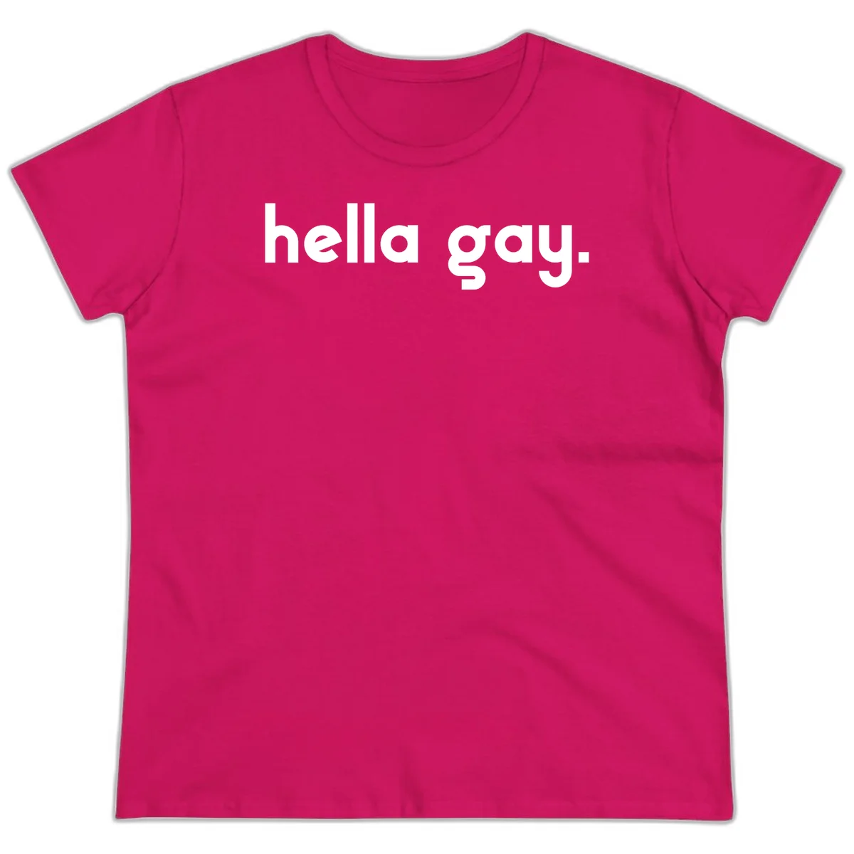 Minimalist hella gay pride design with bold white text on gray background in Heliconia