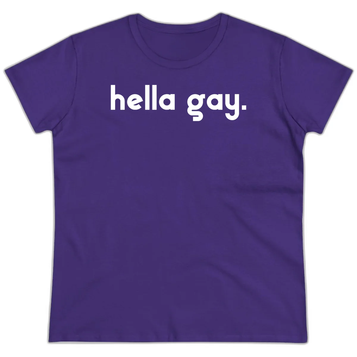 Minimalist hella gay pride design with bold white text on gray background in Purple