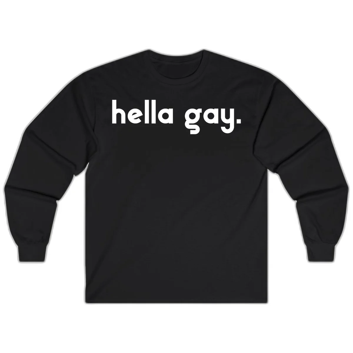 Minimalist hella gay pride design with bold white text on gray background in Black