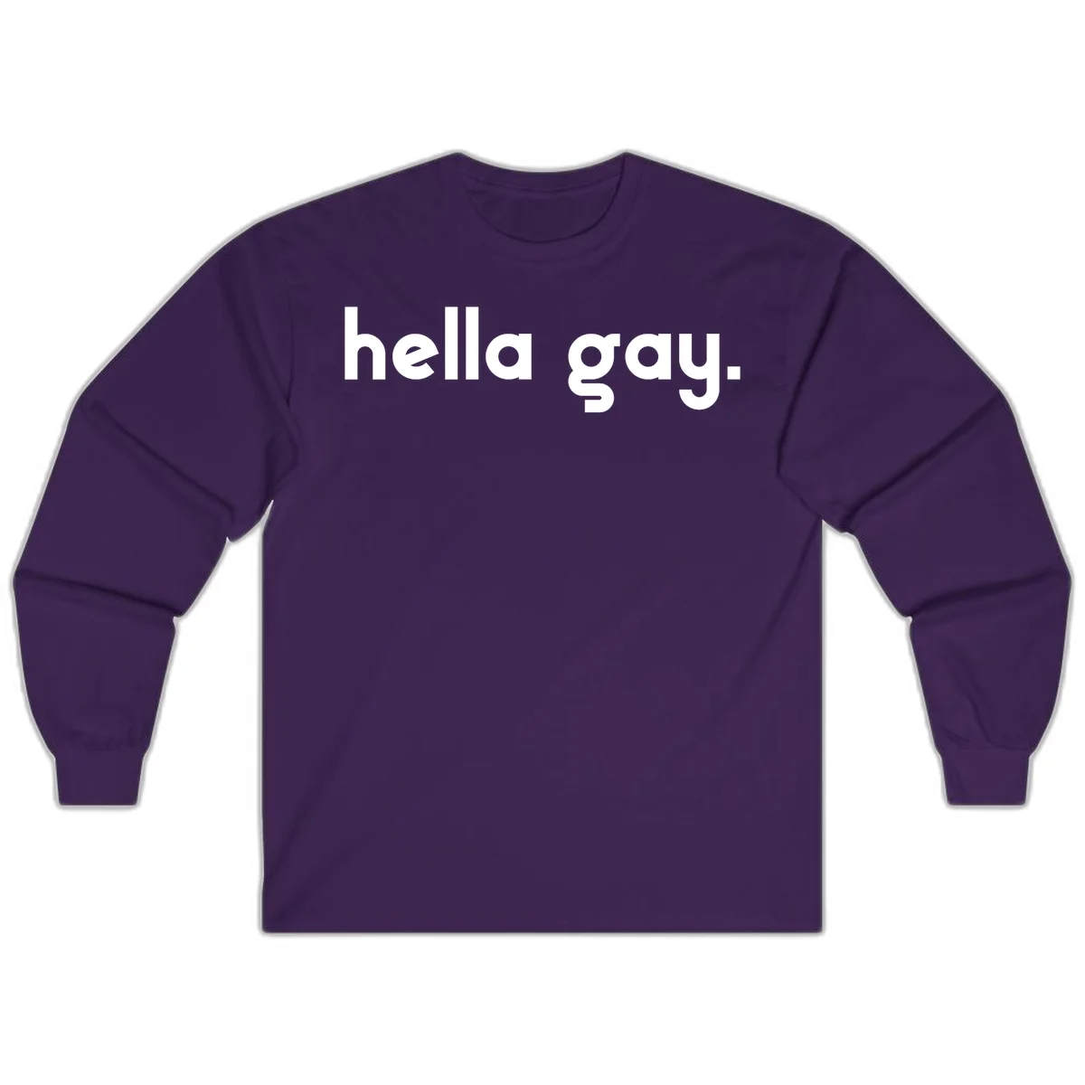 Minimalist hella gay pride design with bold white text on gray background in Purple