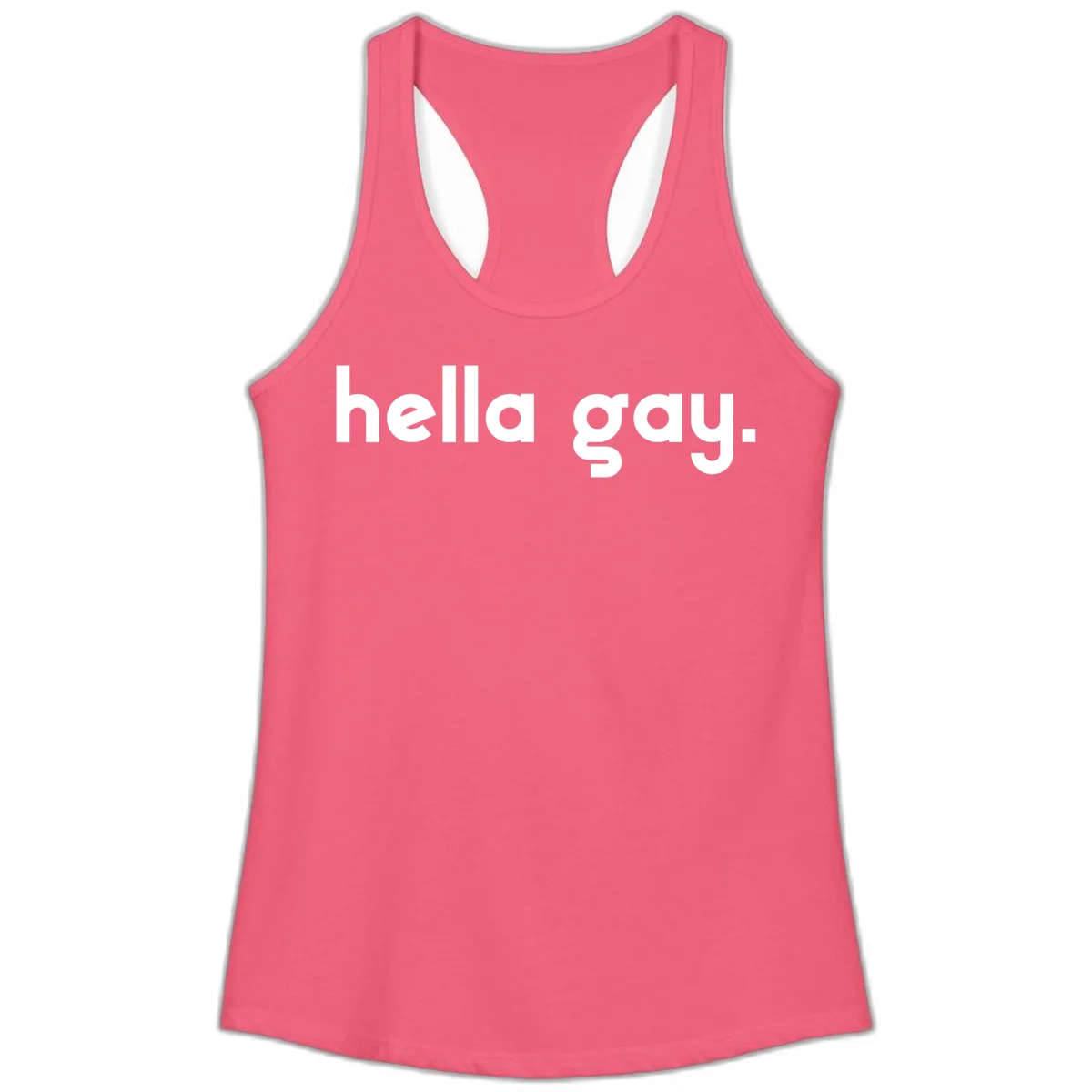 Minimalist hella gay pride design with bold white text on gray background in Hot Pink