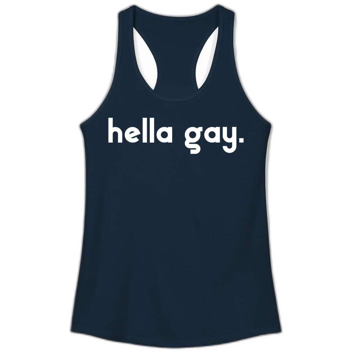 Minimalist hella gay pride design with bold white text on gray background in Solid Midnight Navy
