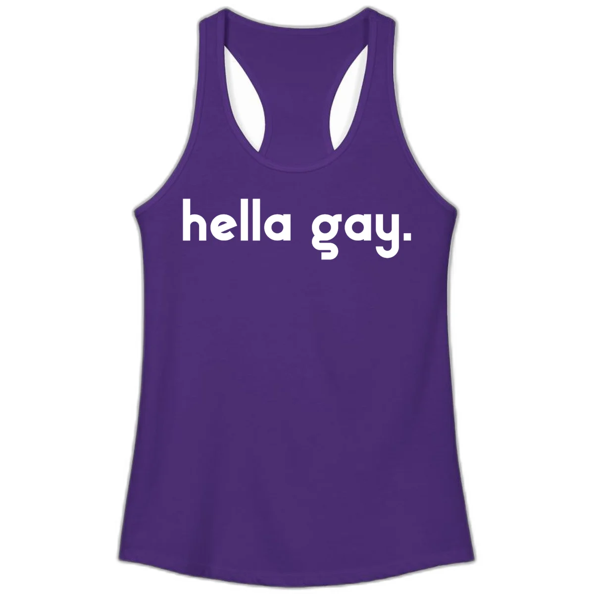 Minimalist hella gay pride design with bold white text on gray background in Solid Purple Rush