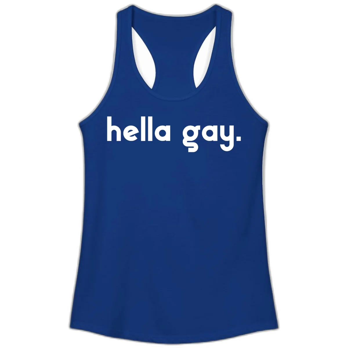 Minimalist hella gay pride design with bold white text on gray background in Solid Royal