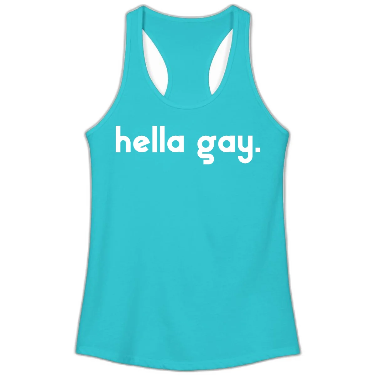 Minimalist hella gay pride design with bold white text on gray background in Solid Tahiti Blue